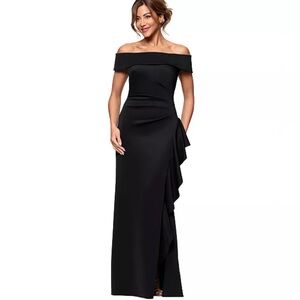 NWT! Xscape Black Off-The-Shoulder Scuba Ruffled Slit Gown Size 12